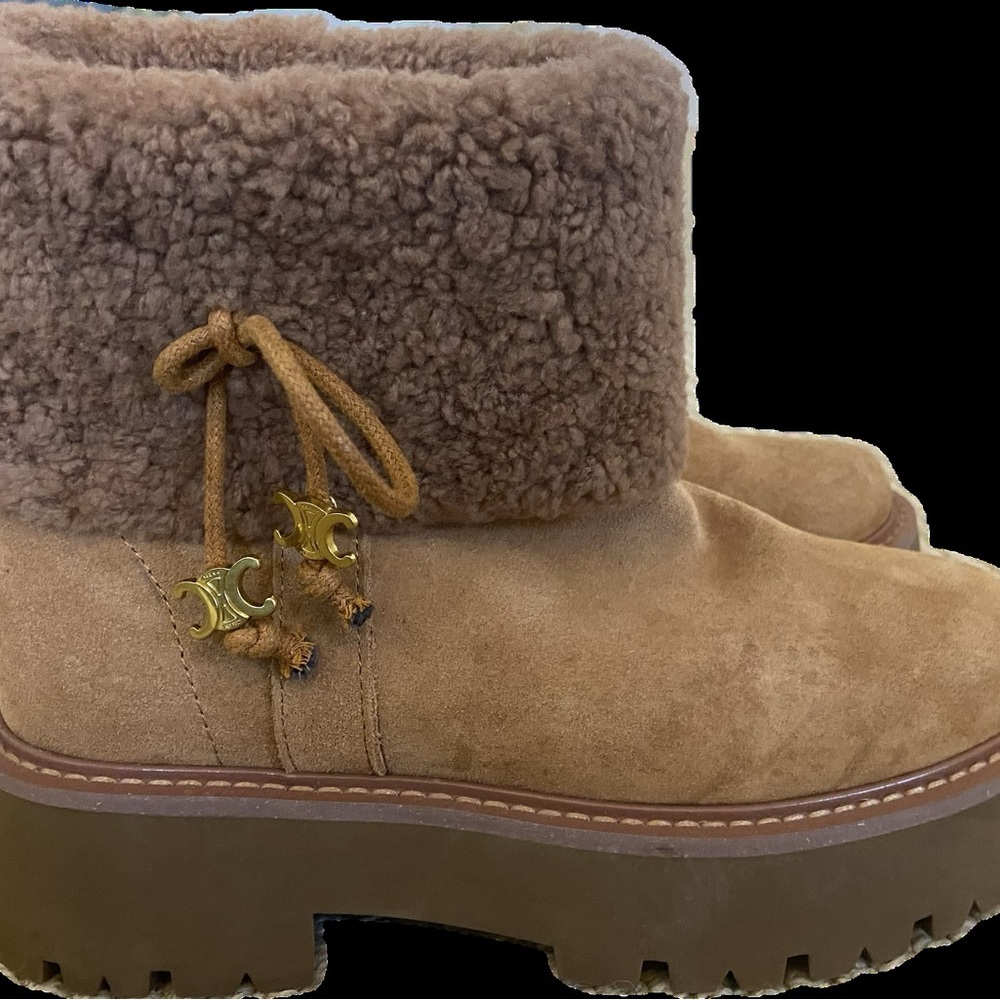 Celine Tan Winter Boots with Shearling Collar